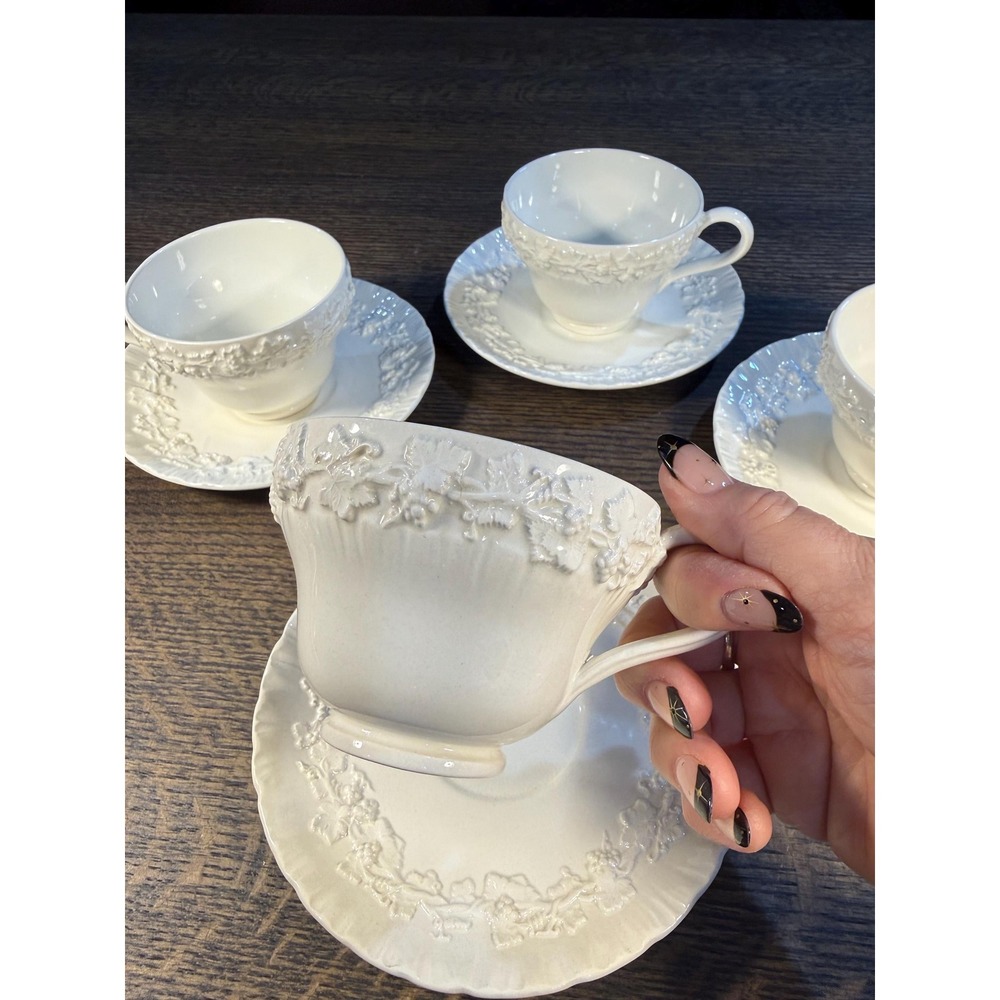 Vintage Wedgwood Embossed‎ Queens Ware Creamware Cups and Saucers, Set of 4